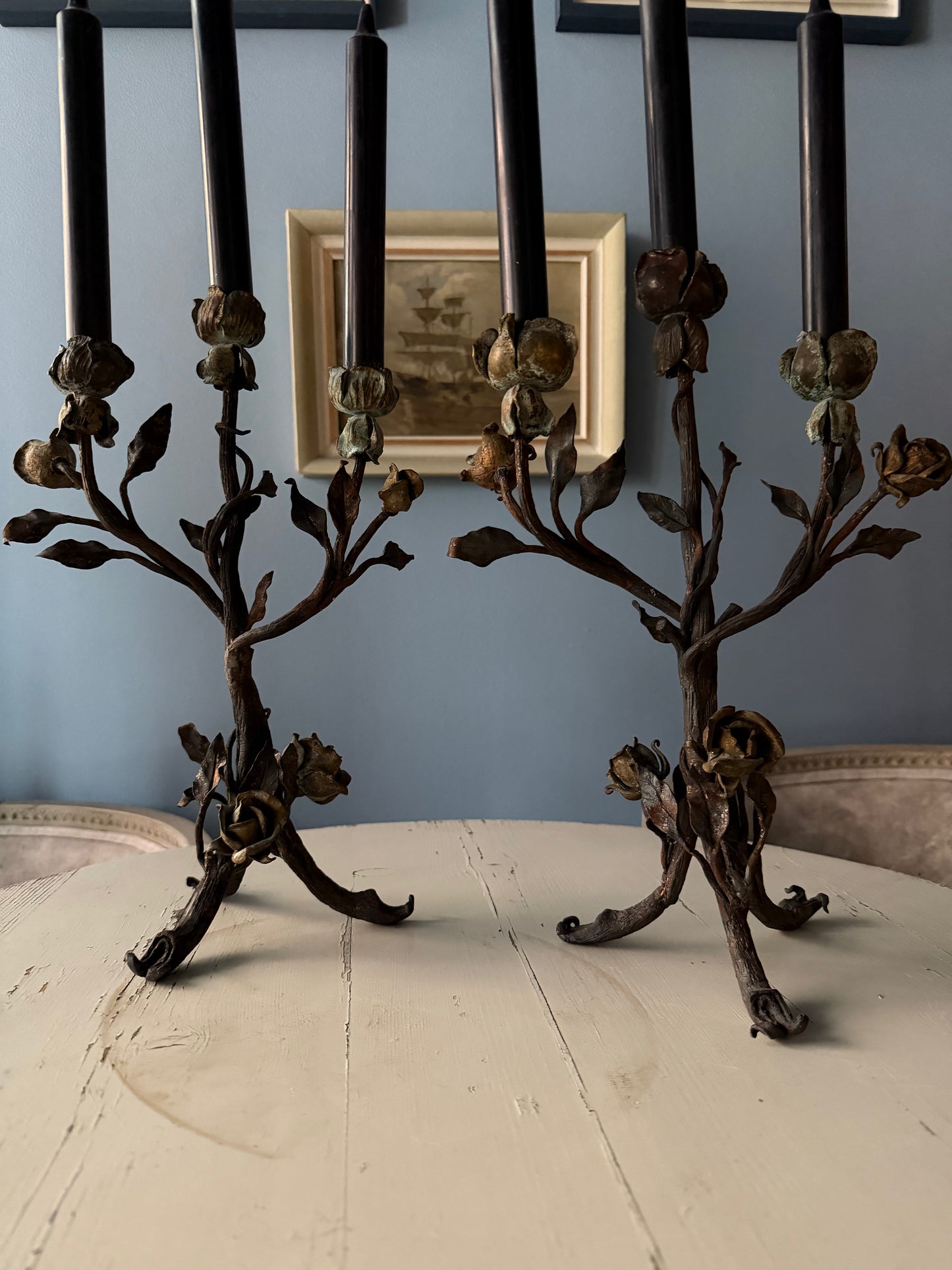19th Century French Wrought Iron Rose Candlesticks, Pair