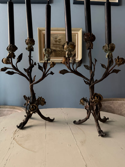 19th Century French Wrought Iron Rose Candlesticks, Pair
