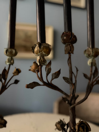 19th Century French Wrought Iron Rose Candlesticks, Pair