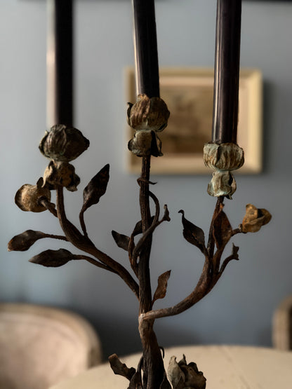 19th Century French Wrought Iron Rose Candlesticks, Pair