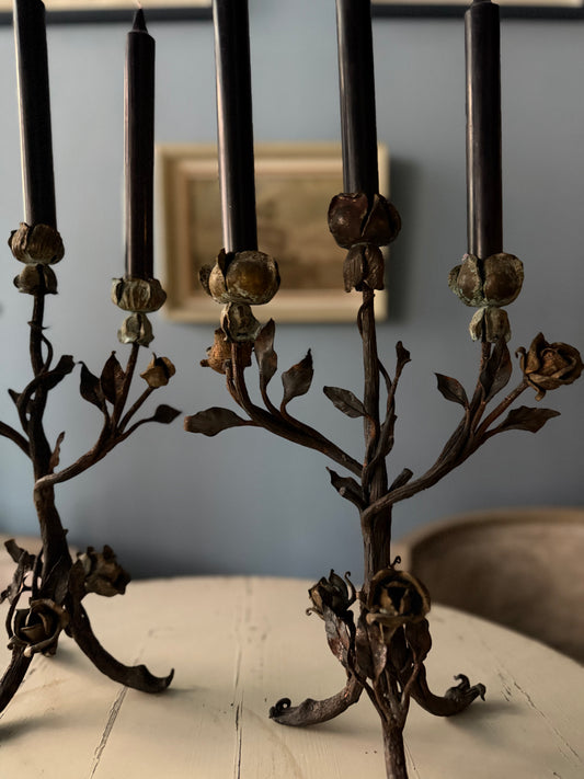 19th Century French Wrought Iron Rose Candlesticks, Pair