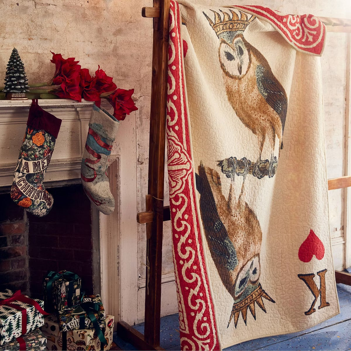 Reversible King of Hearts Owl Card Quilt | John Derian