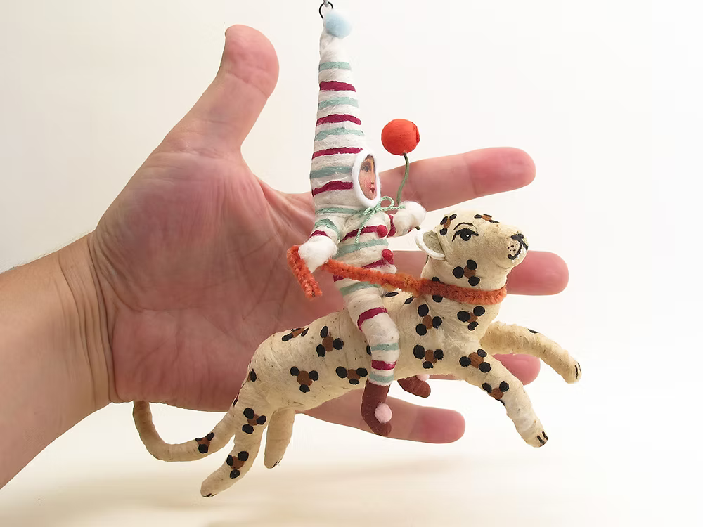 Leaping Leopard Rider Ornament | Vintage by Crystal Spun Cotton Ornament