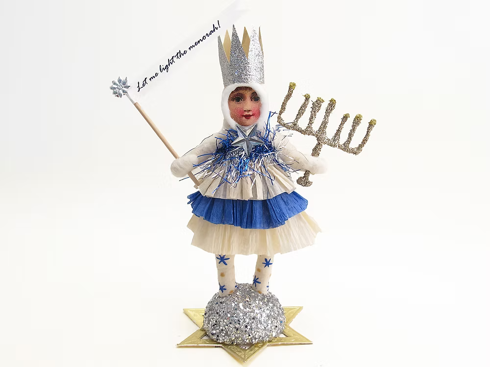 Menorah Hanukkah Girl Figure | Vintage by Crystal Spun Cotton Ornament