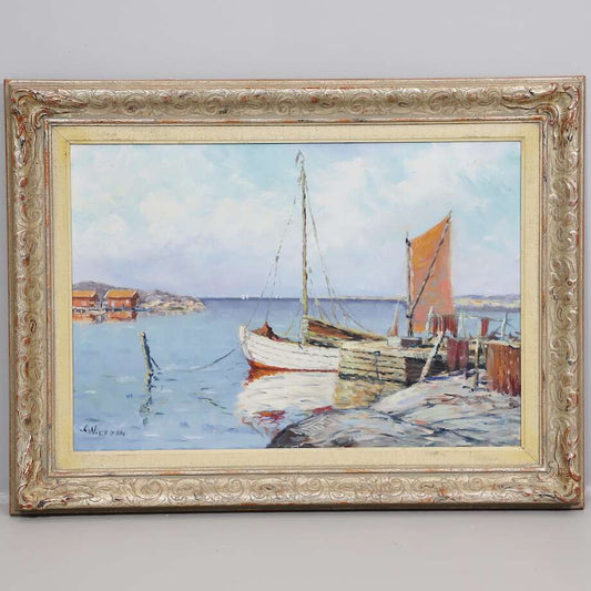Swedish Coastal Boats — Oil on Canvas, signed “A. Nilsson” (43.5 × 64 cm)