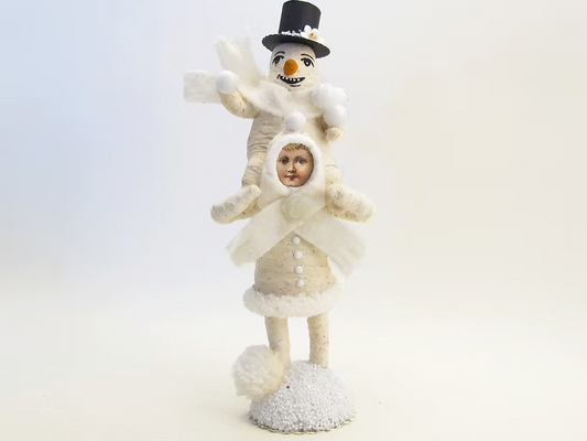 Piggy Back Snowman Figure | Vintage by Crystal Spun Cotton Ornament