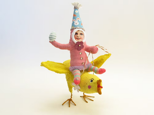 Pink Flapping Chick Rider Figure | Vintage by Crystal Spun Cotton Ornament | Vintage by Crystal Spun Cotton Ornament