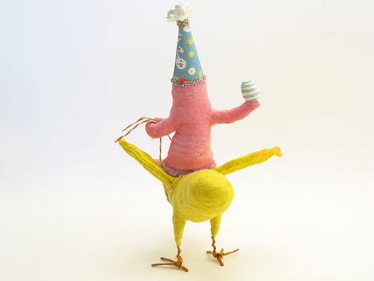 Pink Flapping Chick Rider Figure | Vintage by Crystal Spun Cotton Ornament | Vintage by Crystal Spun Cotton Ornament
