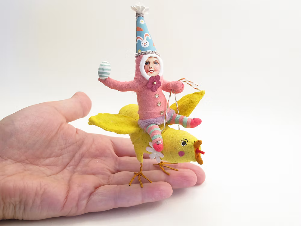 Pink Flapping Chick Rider Figure | Vintage by Crystal Spun Cotton Ornament | Vintage by Crystal Spun Cotton Ornament