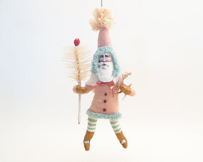 Pink Santa With Fawn & Goose Feather Sprig | Vintage by Crystal Spun Cotton Ornament