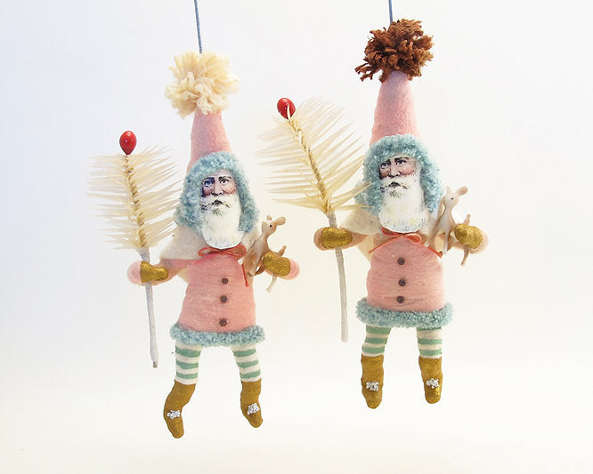 Pink Santa With Fawn & Goose Feather Sprig | Vintage by Crystal Spun Cotton Ornament