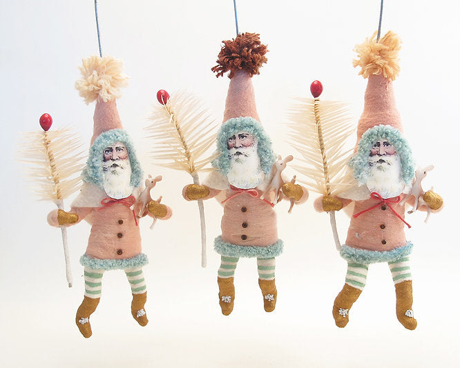 Pink Santa With Fawn & Goose Feather Sprig | Vintage by Crystal Spun Cotton Ornament