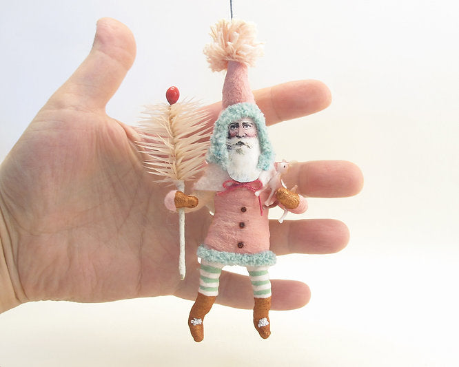 Pink Santa With Fawn & Goose Feather Sprig | Vintage by Crystal Spun Cotton Ornament