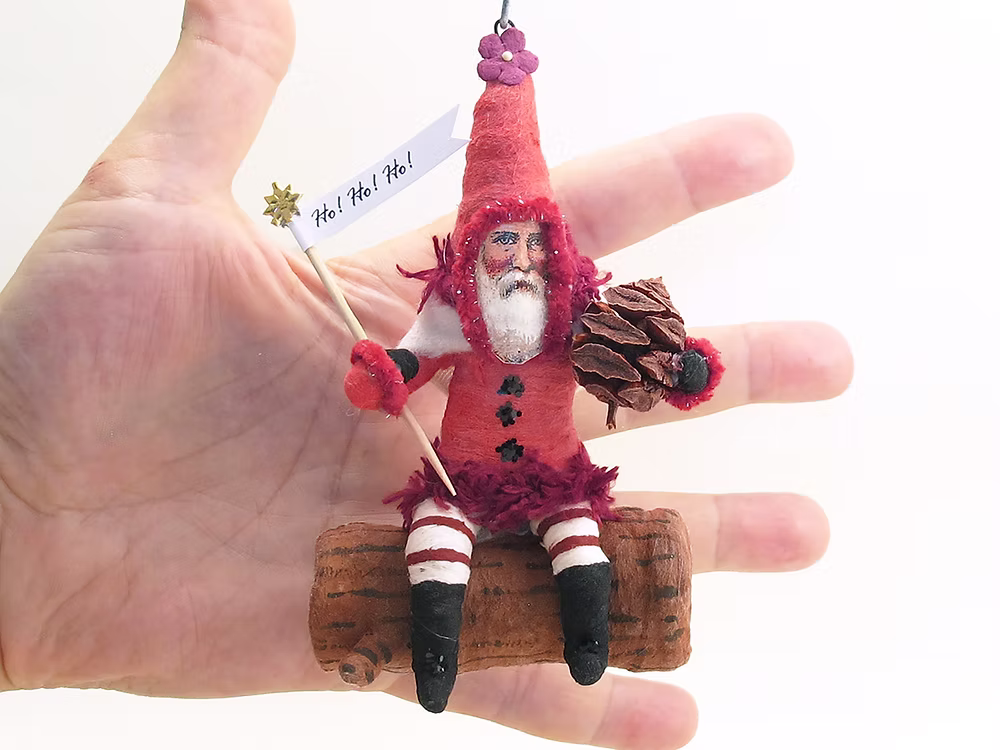 Red Santa On Log Ornament | Vintage by Crystal Spun Cotton Ornament