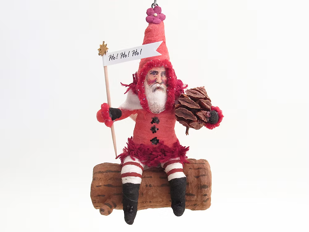 Red Santa On Log Ornament | Vintage by Crystal Spun Cotton Ornament