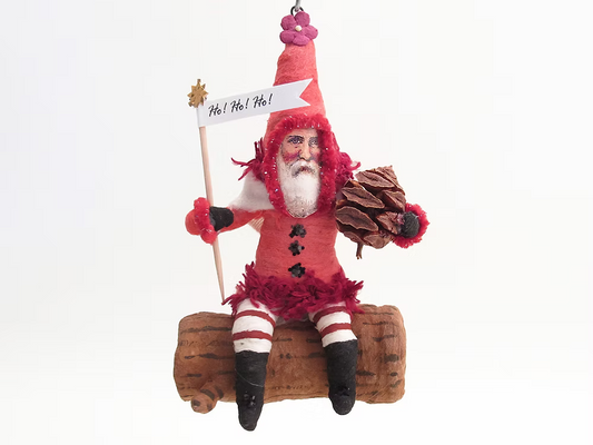 Red Santa On Log Ornament | Vintage by Crystal Spun Cotton Ornament