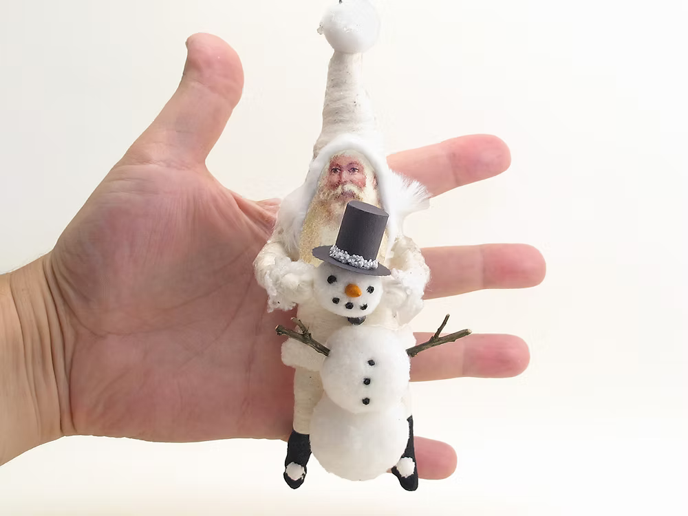 Santa Snowman Builder Figure | Vintage by Crystal Spun Cotton Ornament