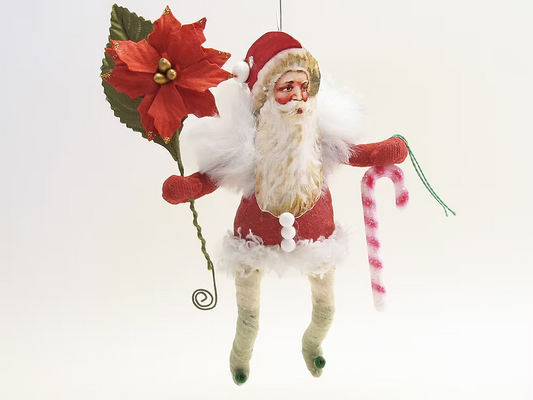 Santa With Flower And Candy Cane Ornament| Vintage by Crystal Spun Cotton Ornament | Vintage by Crystal Spun Cotton Ornament