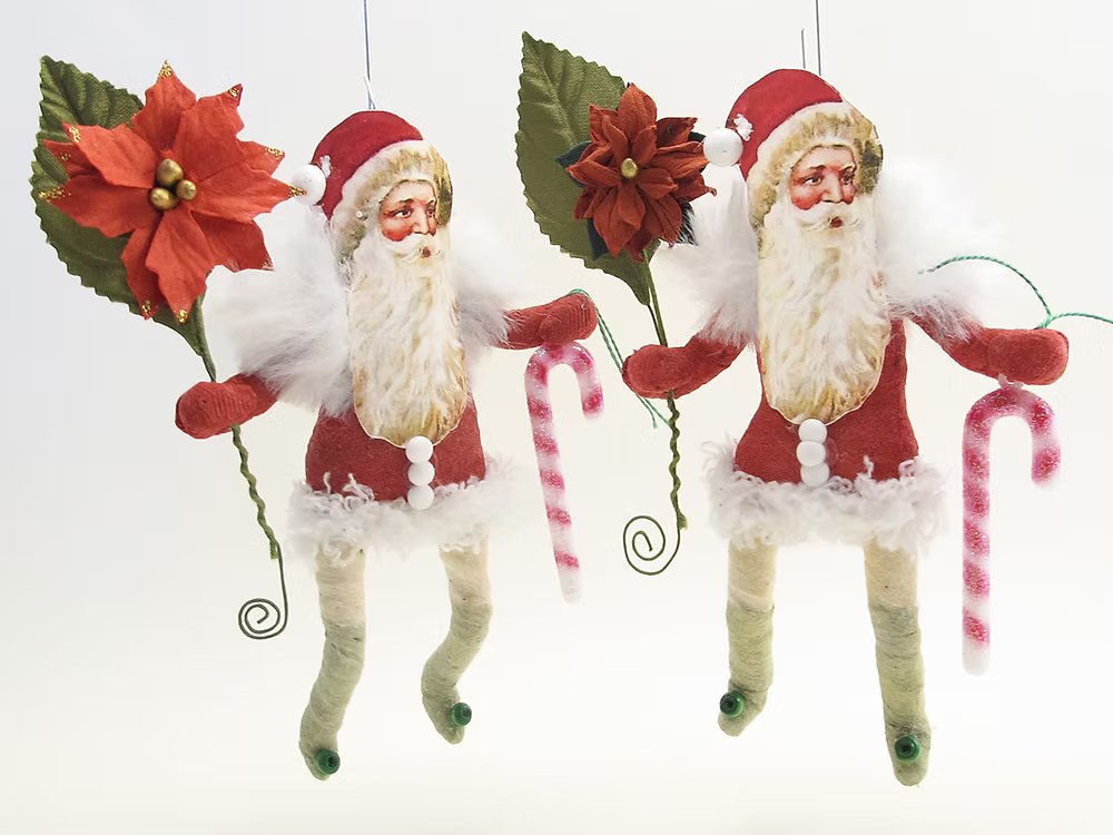 Santa With Flower And Candy Cane Ornament| Vintage by Crystal Spun Cotton Ornament | Vintage by Crystal Spun Cotton Ornament