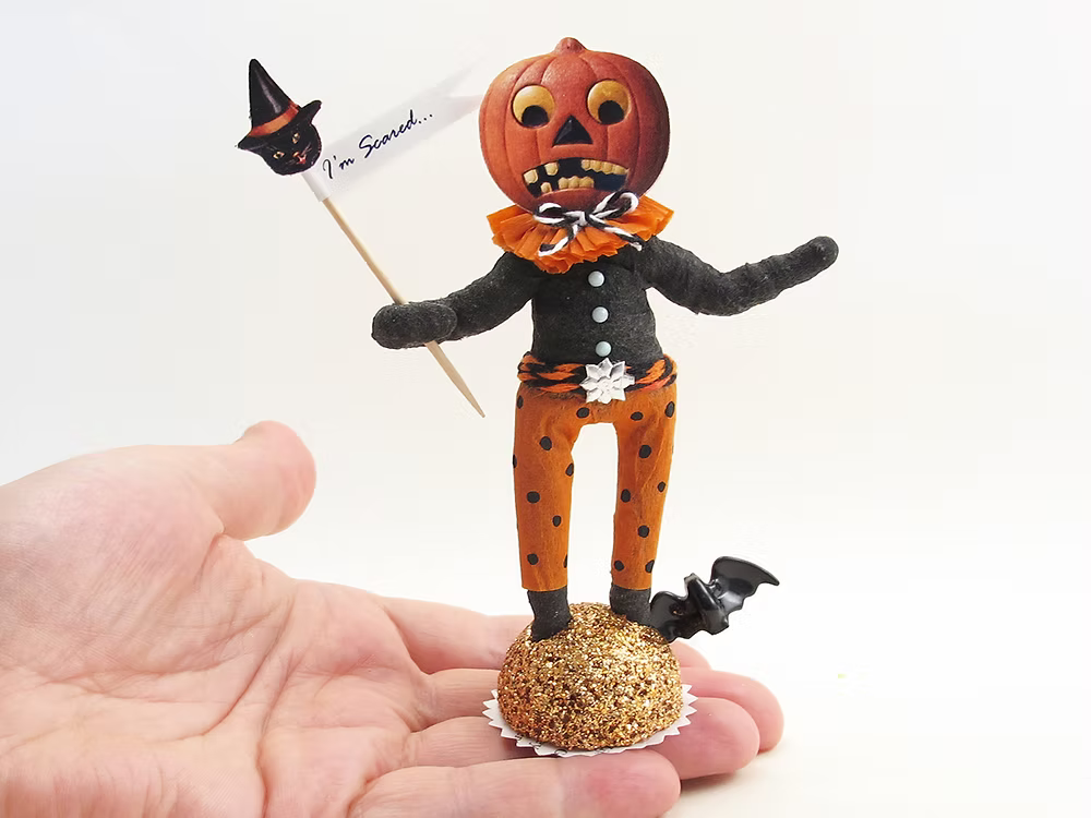 Scared Pumpkin Figure| Vintage by Crystal Spun Cotton Ornament | Vintage by Crystal Spun Cotton Ornament