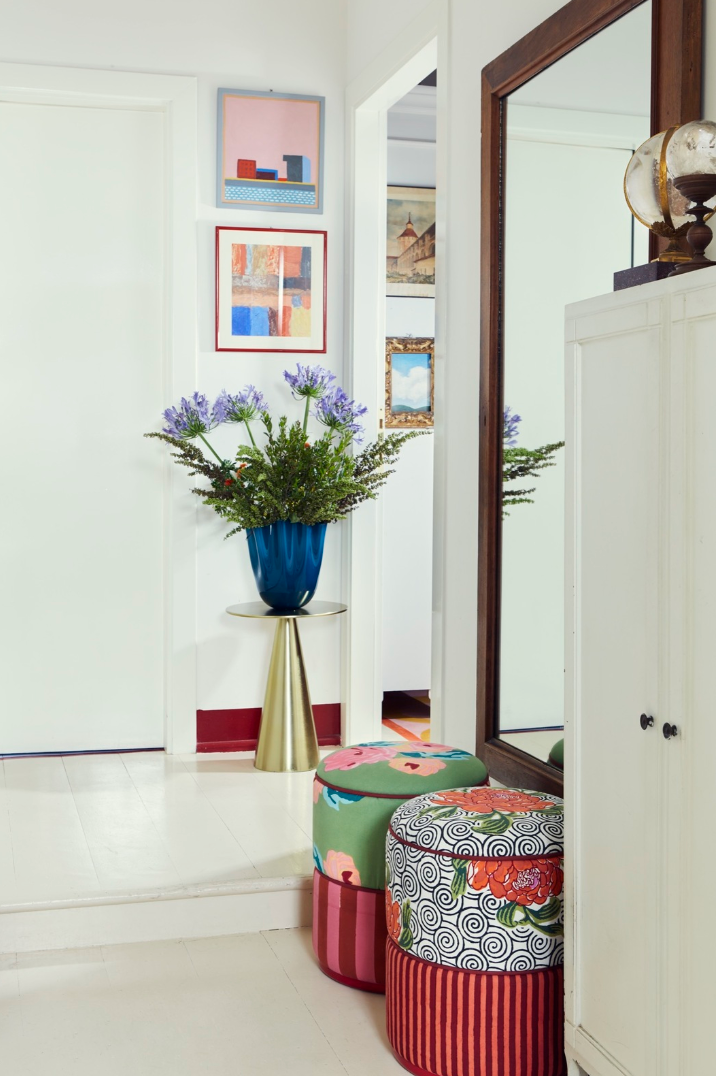 Camelia Black and Stripes Maroon/Orange Pouf - Ottoman | Lisa Corti
