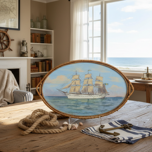 Hans Augustin, “Skeppsgossefartyget Yarramas” — Nautical Serving Tray in Rattan & Glass (62 × 38 cm)