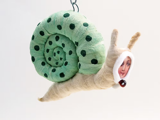 Snail Person (Green Shell) Hanging Ornament | Vintage by Crystal Spun Cotton Ornament | Vintage by Crystal Spun Cotton Ornament