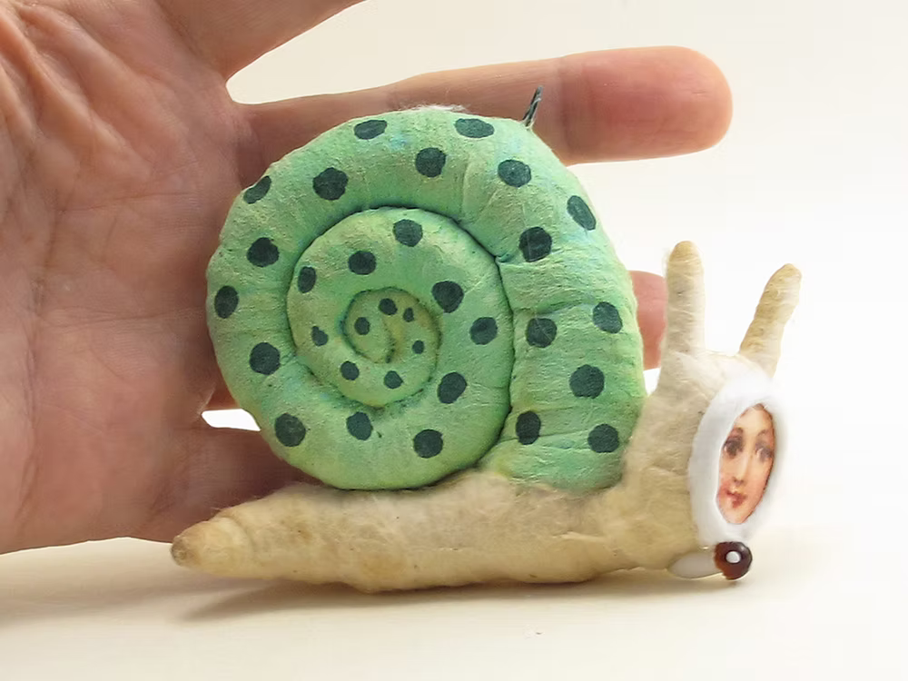 Snail Person (Green Shell) Hanging Ornament | Vintage by Crystal Spun Cotton Ornament | Vintage by Crystal Spun Cotton Ornament
