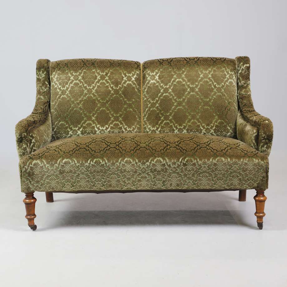 19th-Century Salon Sofa in Patterned Green Velvet