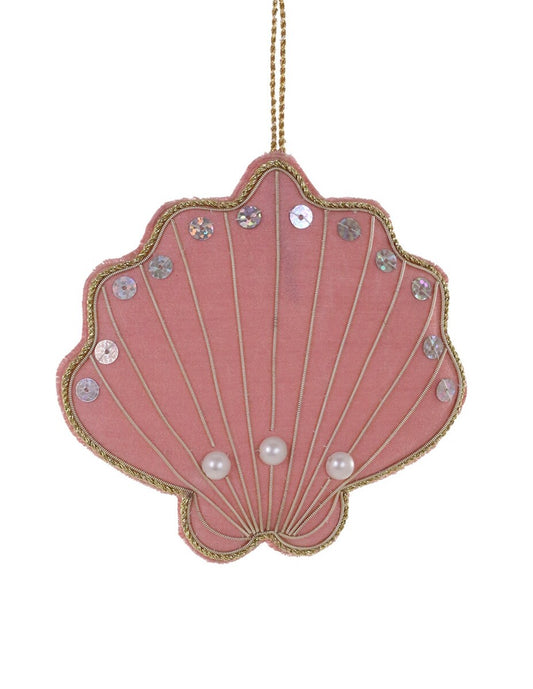 Pink Tinsel Scallop Shell Kantha Ornament