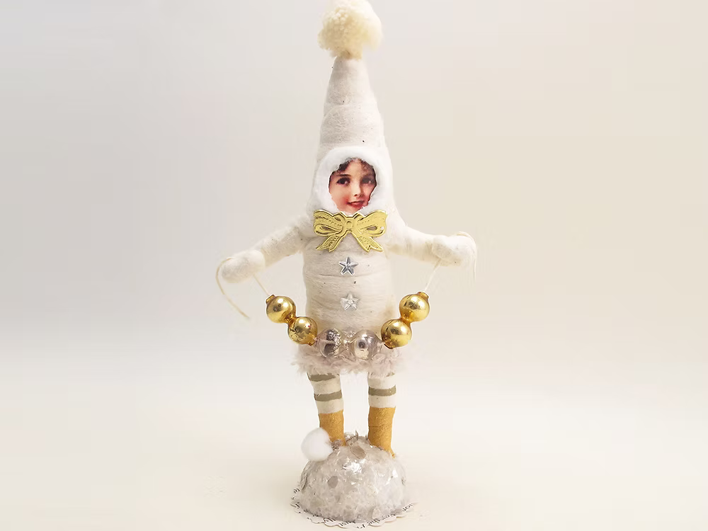 White Decorating Elf Figure | Vintage by Crystal Spun Cotton Ornament