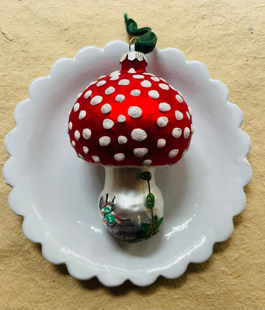 Amanita Muscaria Mushroom with Beetle Glass Ornament - Bon Ton goods
