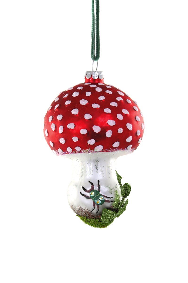 Amanita Muscaria Mushroom with Beetle Glass Ornament - Bon Ton goods