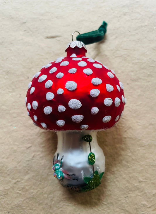 Amanita Muscaria Mushroom with Beetle Glass Ornament - Bon Ton goods