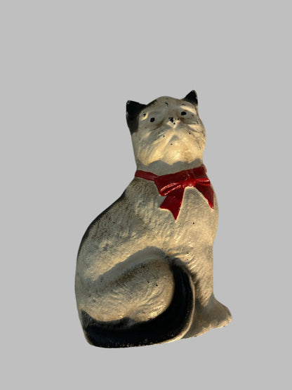 Antique Cast Iron Cat Bank with Red Bow, New York City Provenance - Bon Ton goods