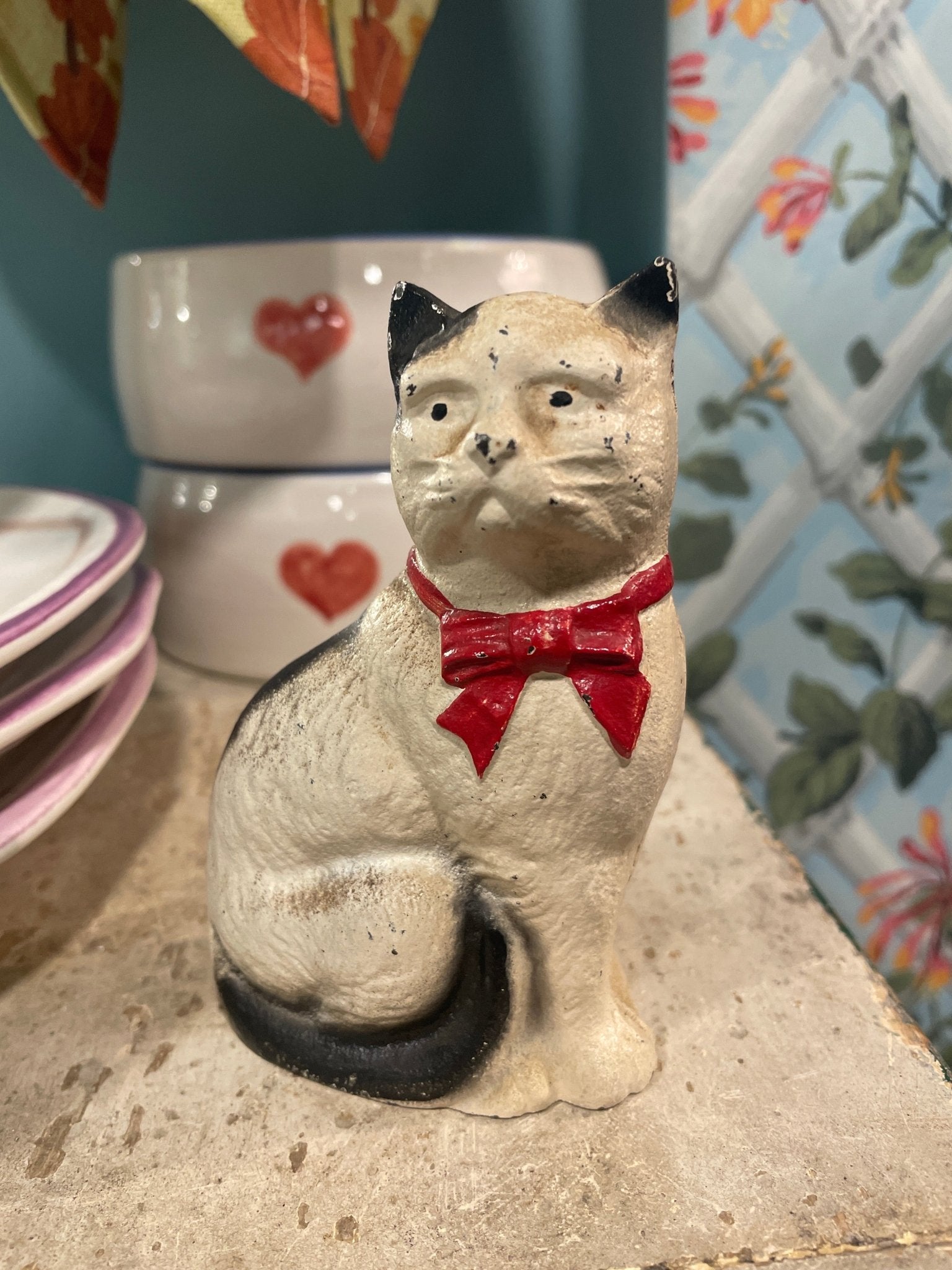 Antique Cast Iron Cat Bank with Red Bow, New York City Provenance - Bon Ton goods