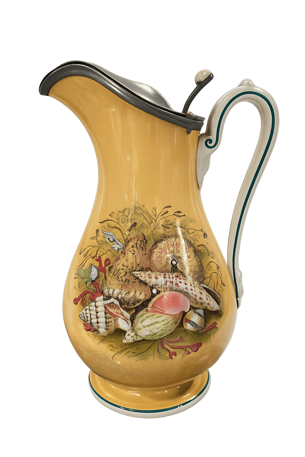 Antique Faience Pitcher with Pewter Lid Marine Motif, late 19th century - Bon Ton goods