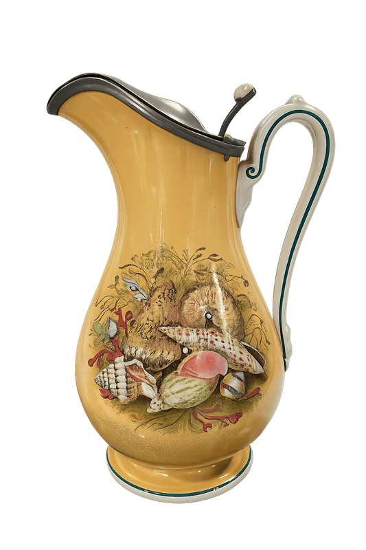 Antique Faience Pitcher with Pewter Lid Marine Motif, late 19th century - Bon Ton goods