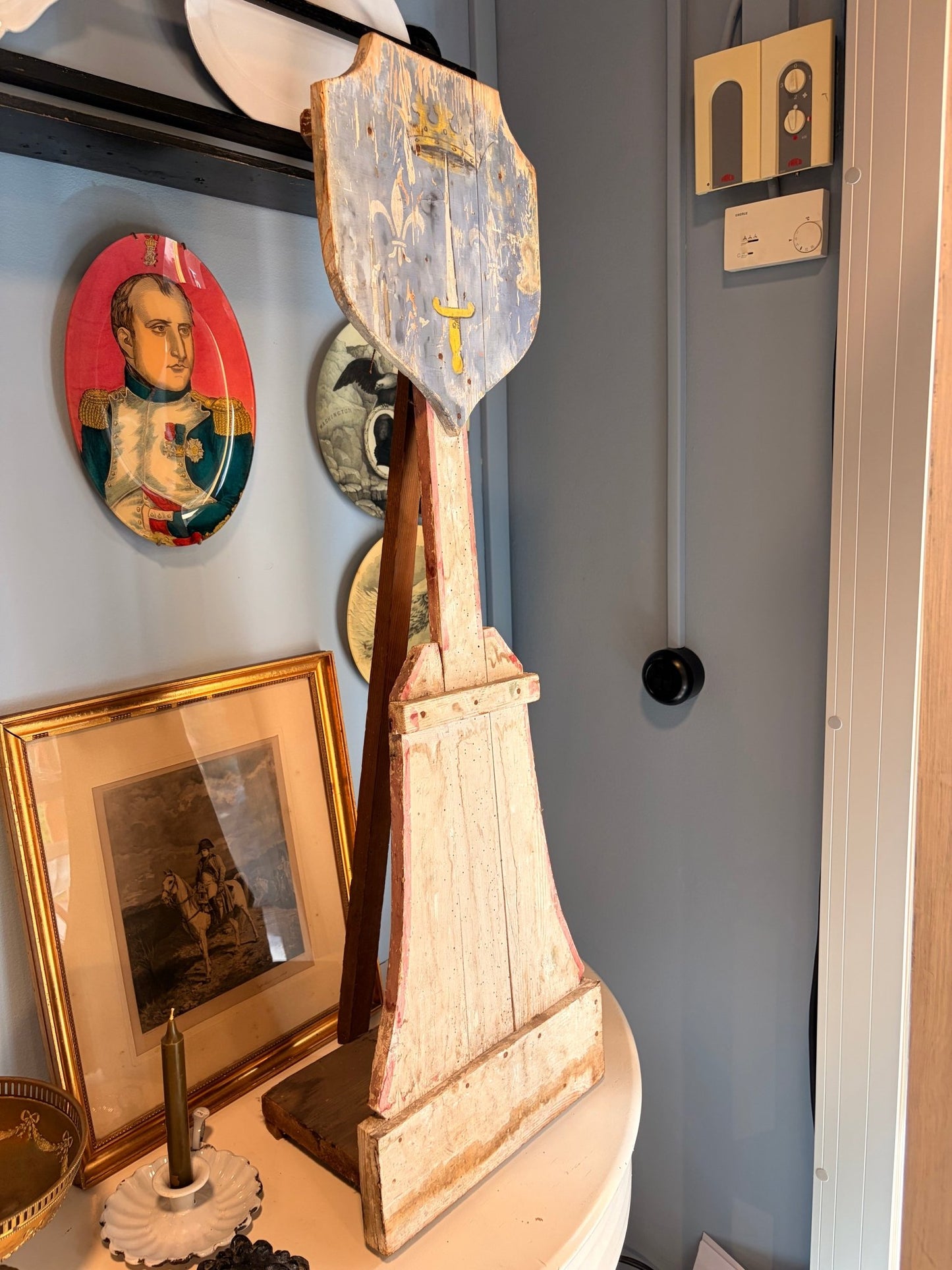 Antique French Ceremonial Heraldic Shield on Stand, 19th Century - Bon Ton goods