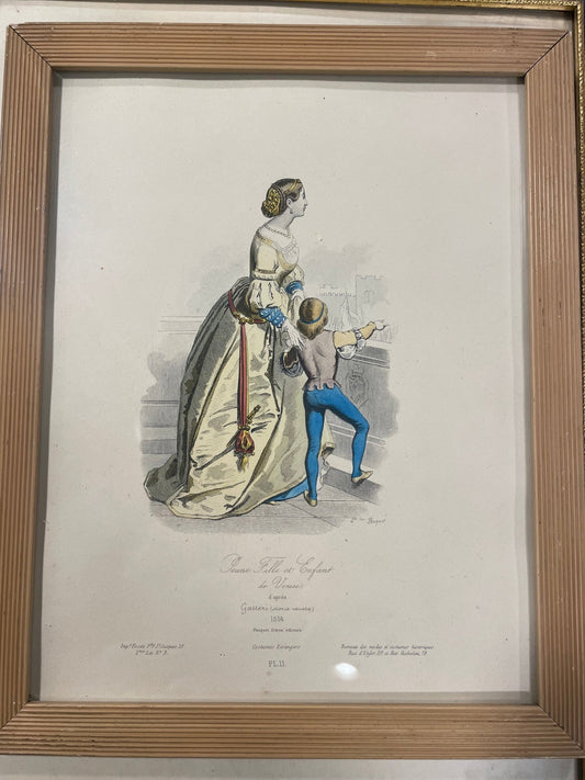 Antique French Costume Print — Jeune Fille et Enfant de Venise (Framed) - Bon Ton goods