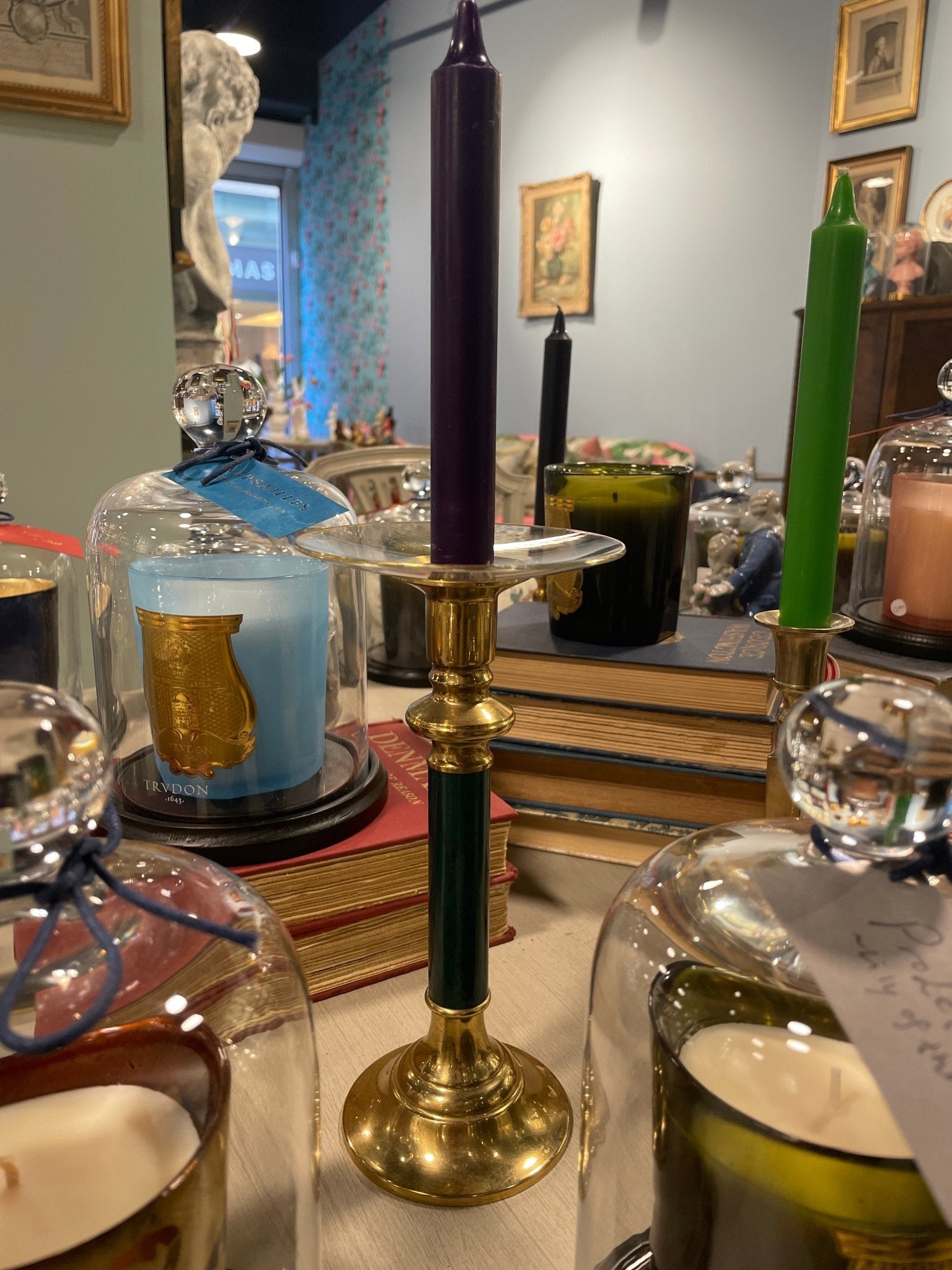 Antique French Empire Brass Candlestick with Faux Malachite Column - Bon Ton goods