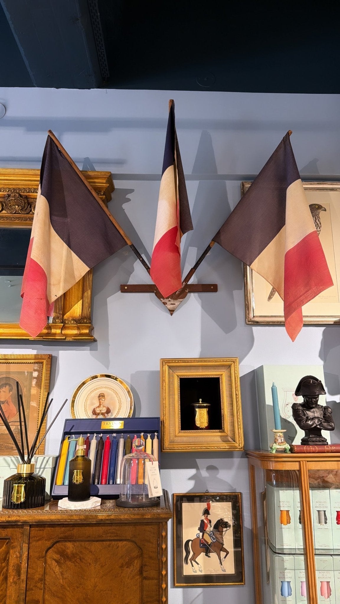 Antique French Tricolor Flags with Original Display Stand - Bon Ton goods