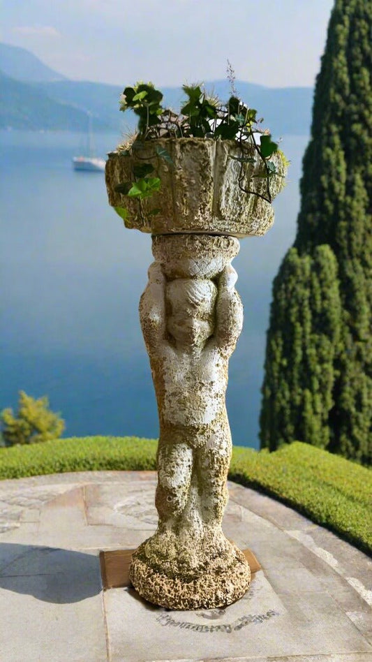 Antique Putto Holding a Basket - Cement Plant Stand - Bon Ton goods