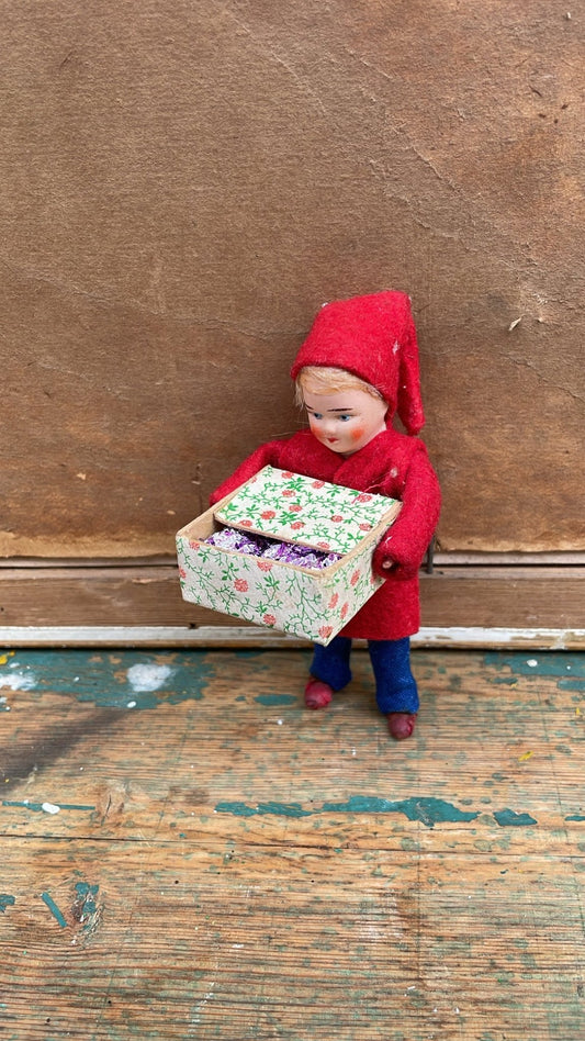 Antique Scandinavian Christmas Elf Figurine with Hand-Painted Gift Box, Vintage Nordic Holiday Decoration - Bon Ton goods