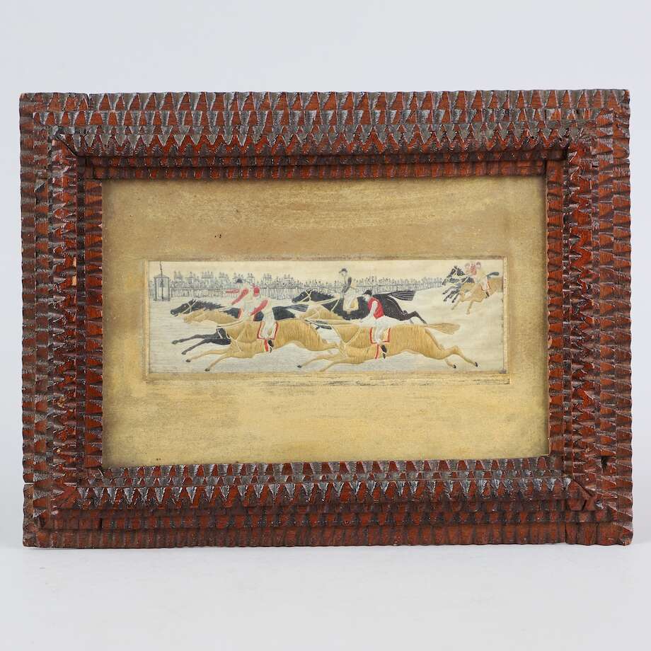 Antique Victorian Embroidered Silk Stevengraph Painting - "The Finish: - Bon Ton goods