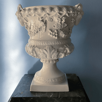 Antique White Ceramic Urn with Ram Heads & Grapevine Relief - Bon Ton goods