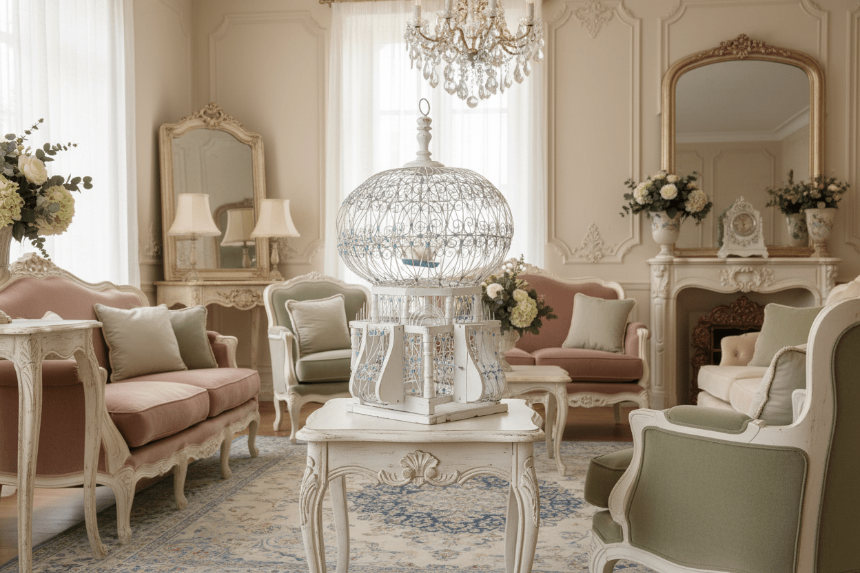 Antique White Wire Birdcage with Dome Top and Blue Accents - Bon Ton goods