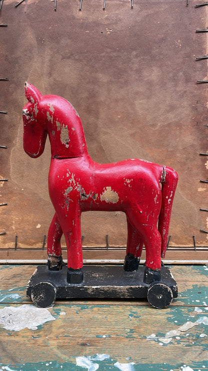 Antique Wooden Horse on Wheels, Scandinavian – Painted Red - Bon Ton goods