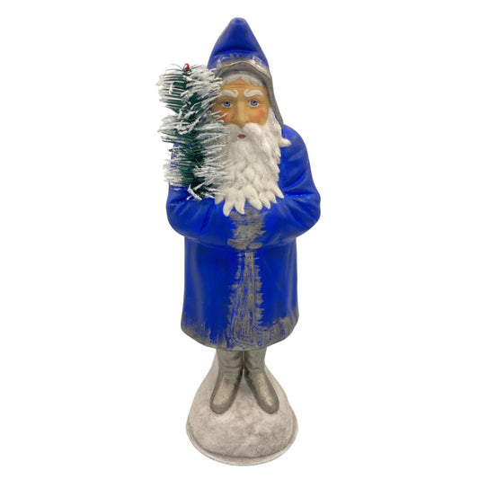 Antiqued Blue Coat Santa with Goosefeather Tree | Ino Schaller - Bon Ton goods