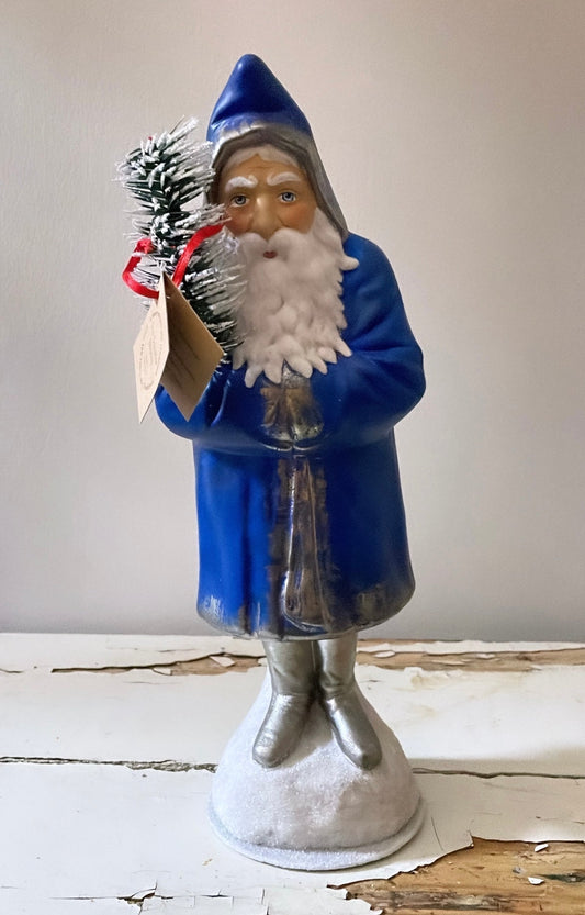 Antiqued Blue Coat Santa with Goosefeather Tree | Ino Schaller - Bon Ton goods
